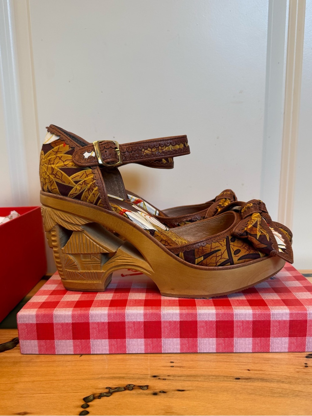 Brown Floral Mary Jane Platform Heels with Ankle Strap